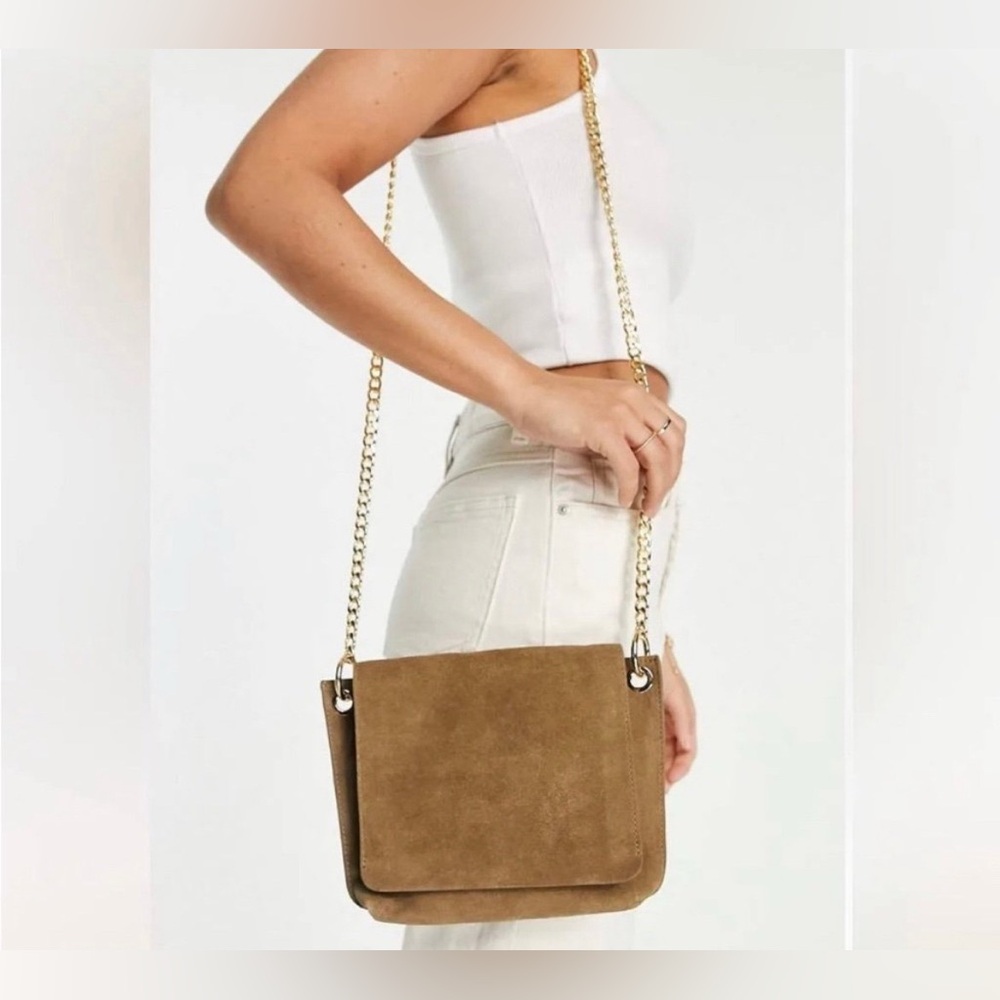 NWT Urbancode London suede flapover chain strap crossbody bag in taupe